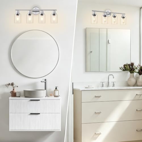 Image of 4-Light Bathroom Light Fixtures, Modern Chrome Vanity Lights for Bathroom with Clear Glass Shade, Wall Lamps for Mirror Hallway Kitchen Cabinet Living Room Sconces Lights