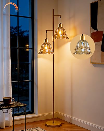 Lightdot 65IN Gold Flower Floor Lamp for Living Room, 2-Light Dimmable with Amber Glass Lampshade, 3000K Warm White Modern Standing Tall Lamp for Bedroom Sofa Beside Corner Decor