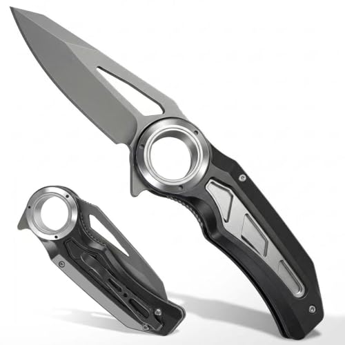 Cxze & Gdavdfur Pocket Knife, Outdoor EDC Folding Knife, Blades of Full Blade Straight Knife, Anti-Slip Finger Loop Grip,Gift for Man Woman (Black)