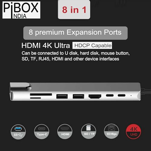 Image of pibox India USB C Hub Dock 8 in 1 Aluminum Type C Adapter with 4K HDMI Port, Ethernet 100mbps RJ45 Port, 2 USB 3.0 Ports, USB-C Power Delivery, TF /SD Card Reader, MacBook /Dell /Samsung USB C Devices