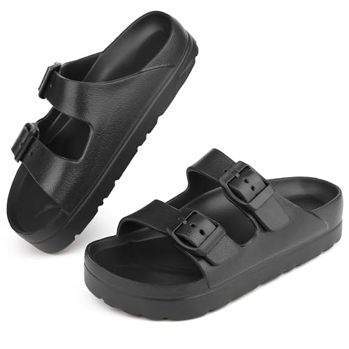 WUYISTAR Niños hebilla ajustable diapositivas sandalias Niños Niñas EVA Suela Gruesa Slide Zapatillas Ligero Playa Piscina Ducha Zapatos Negro 34 EU