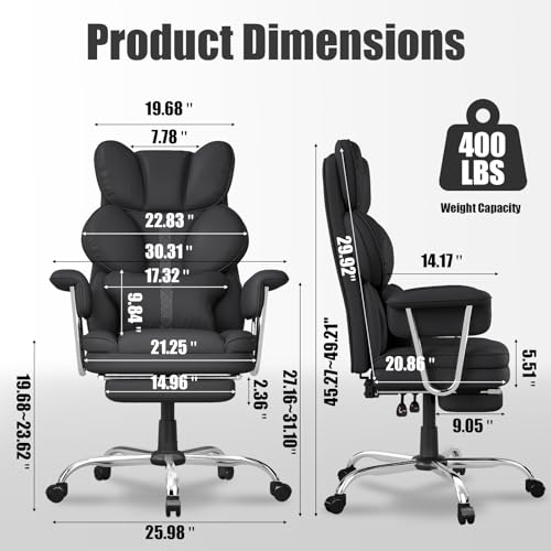 Big and Tall Office Chair,Leather Executive Office Desk Chair with Lumbar Support,400bls Comfy Ergonomic High-Back Reclining Computer Chairs,Swivel Rolling Wheels and Retractable F image 3