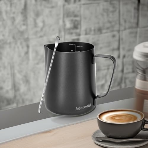 Image of Milk Frothing Pitcher 600ml /20oz Steaming Pitchers Stainless Steel Milk Coffee Cappuccino Latte Art Barista Steam Pitchers Milk Jug Cup with Decorating Art Pen, Black
