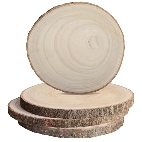 JILTWO 4Pcs 7-7.5 Inch Unfinished Wood Slices, Wood Rounds Cookies for Crafts, Rustic Wood Circles & Slabs, Wooden Discs for Tables Decor- Perfect for Centerpieces, Art Projects and Rustic Weddings