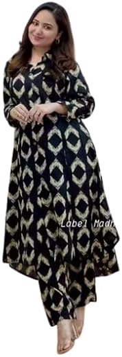 Womens Cotton Printed A-Line Anarkali Kurti and Pant Set_GK_CREAM-BLACK-CO-ORD-SET-0043