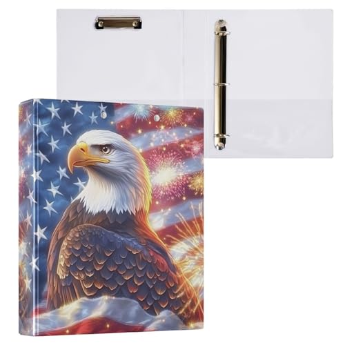 Image of 3 Ring Binder Bald Eagle American Flag Brave 1.5 inch Binders Three Ring Binders with Clipboard Fit 8.5'' x 11'' Paper 3 Interior PVC Clear Pockets for Office Supplies