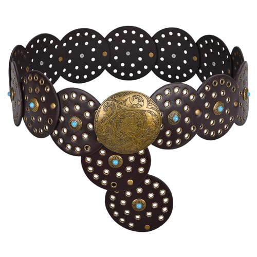 Western Leather Belts for Woman Boho Cowgirl Wide Disc Belt for Women Concho Cowboy Waist Belts for Dress (Coffee-bronze Buckle, 56'' (fits waist size up to 53''))