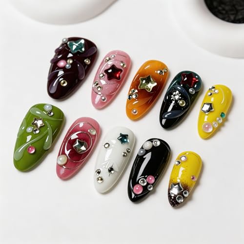 Handmade Press on Nails - Luxury Star & Rhinestone Design Medium Almond Thicked Fake Nails Muti-Layer Gel Handmade Acrylic Nails with 3D Charms Full Cover Stick on Nail for Women 10Pcs（S) — view 5