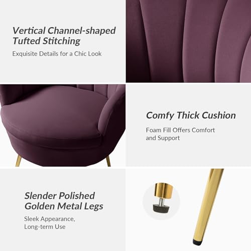 Image of HULALA HOME Modern Velvet Accent Chair with Shell Shaped Back, Cute Living Room Bedroom Armchair Sofa Chair with Gold Legs, Comfy Upholstered Vanity Chair for Makeup Room, Purple
