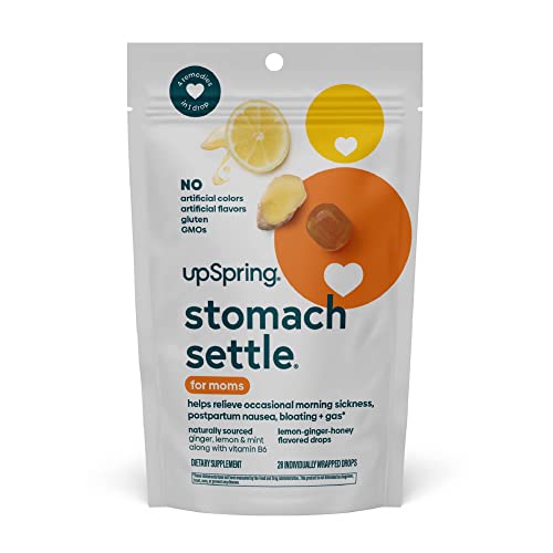 Image of UpSpring Stomach Settle for Moms Drops for Occasional Morning Sickness with Ginger, Lemon, Spearmint, and B6. Individually Wrapped Drops, 28 Ct(Packaging May Vary)