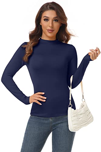 Women's Long Sleeves Mock Turtleneck Top Basic Stretch Fitting Pullover Lightweight Slim Shirt Navy Blue X-Large #TOP2