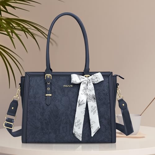 Image of MOSISO Laptop Bag for Women, PU Leather Tote Bag, Front Embossed Retro Hibiscus Computer Bags with Silk Scarf&Clutch Purse
