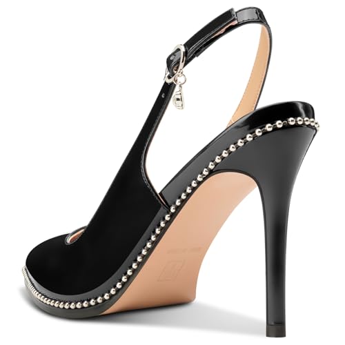 Image of NobleOnly Slingback Beaded Pumps for Women High Stiletto Heel Pointed Toe Slip-on Dress Sandals Adjustable Buckle Rhinestone Patent Leather 3.9 Inches Heels