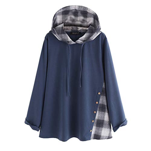 Kaister Womens Jumpers O-Neck Plaid Print Button Casual Loose Pullover Hoodie Navy