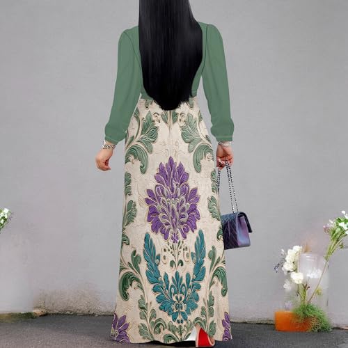 Image of Women's Plus Size Maxi Dresses Long Sleeves V Neck Floral Print Bohemian Swing Long Dress with Belt