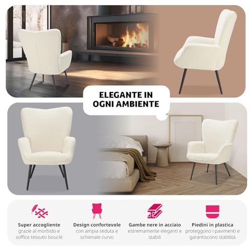 Tectake® Poltrona Imbottita, Poltrona Ergonomica Con Schienale E Braccioli, Poltrona Camera Da Letto, Poltrona Salotto Moderna, Carico Massimo 150 Kg - Senza Puof, Crema/Nero - 5