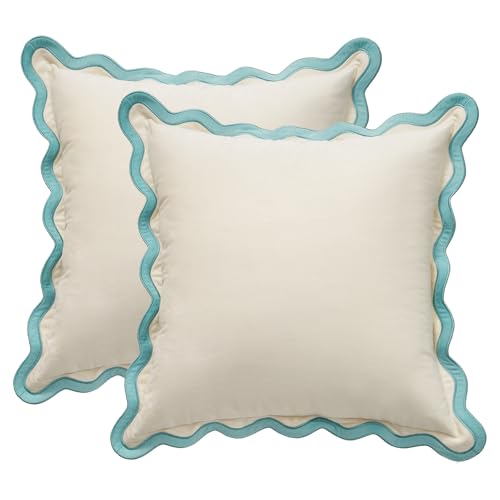 MONDAY MOOSE Decorative Throw Pillow Covers Cushion Cases, Set of 2 Soft Velvet Scalloped Wavy Edge Designs, Mix and Match for Home Decor, Pillow Inserts Not Included (16x16 inch, White/Light Blue)