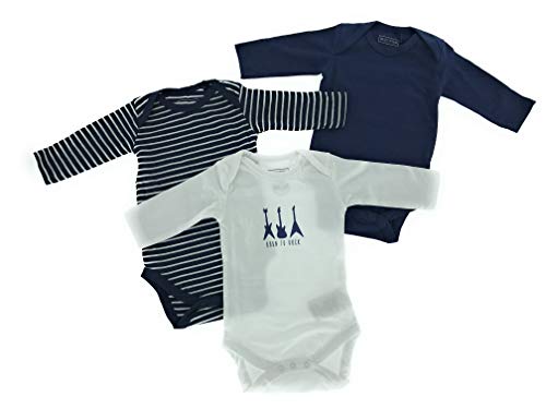 jbc 3er-Set Baby Bio Baumwolle Langarm Body Strampler 0-24 Monate Blau Weiß Lang (2-6 Monate - Größe 62-68)
