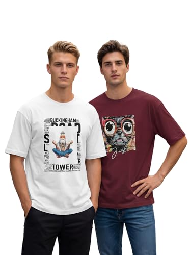 Image of BULLMER Trendy Front and Back Printed Oversized Round Neck T-Shirt for Men - Pack of 2