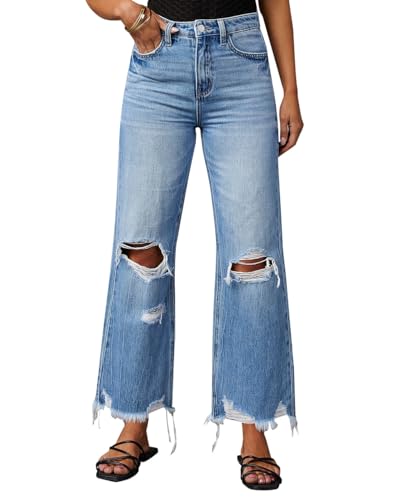 Akivide Women's Distressed Raw Hem Boyfriend Ripped Jeans High Waisted Straight Wide Leg Jean Ankle Destroyed Denim Pants