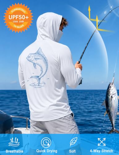 Image of FISHEAL Men's UPF 50+ Sun Protection Fishing Hoodie, Long Sleeve UV Shirts with Mask, Quick Dry Hooded for Outdoor Beach