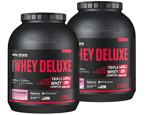 Body Attack Extreme Whey Deluxe, Strawberry Cream, 2x2,3 kg Eiweißpulver mit Aminosäuren, Triple-Whey-Complex, CFM Whey Isolate, perfekt lösliches Protein-Pulver, fettarm, zuckerarm, Made in Germany