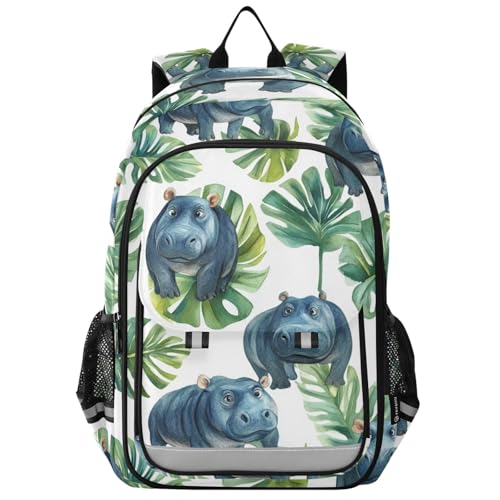 Sac à dos pour ordinateur portable pour enfants hippopotame feuilles tropicales