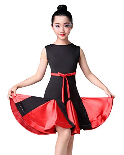 Girls Ballroom Dance Dress, Stretched Rumba Performance Dance Dress with Backless Bow Tie 13-15Y Red