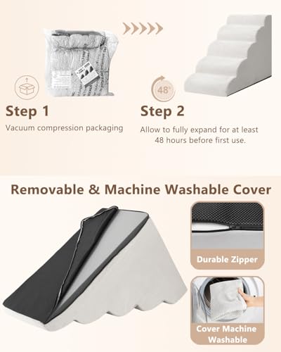 Image of Aodisman Dog Stairs for High Beds,5 Step Pet Ramp for Dogs and Cats,22.4 inch H | High-density foam dog steps for beds and window sills, with a non-slip bottom for puppy and older cat,comfortable,Light Grey