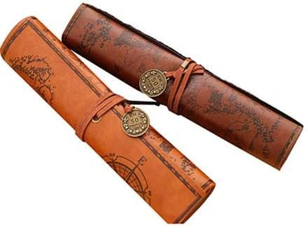 Shuny 2 PCS Retro Roll Pencil Case,Rollup Pencil Case,Rolling Leather Pencil Case with Pencil,Pirate Treasure Map Roll up Cosmetic Bag Stationery