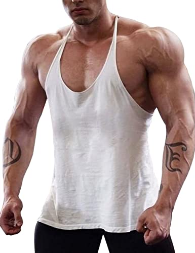 Muscle Alive Mens Gym Stringer Singlet 1cm Strap Stretchy Bodybuilding Workout Tank Top Cotton PLN White S