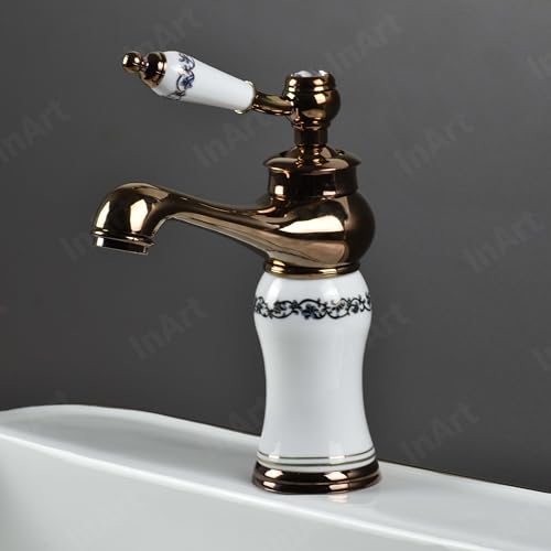 Image of InArt Rose Gold Glossy Finish Basin Pillar Cock Tap Faucet for Wash Basin, Hot & Cold Water Mixer, Single Handle, Waterfall Design, Table Mount /Deck Mount (Rose Gold)