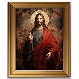 Golden Framed Jesus Christ Wall Art Divine Mercy Portrait Christian Canvas Decor Vintage Religious Posters Prints Icon Catholic Home Pictures Painting for Living Room Prayer Room Bedroom 9x11 Inch