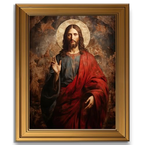 Golden Framed Jesus Christ Wall Art Divine Mercy Portrait Christian Canvas Decor Vintage Religious Posters Prints Icon Catholic Home Pictures Painting for Living Room Prayer Room Bedroom 9x11 Inch