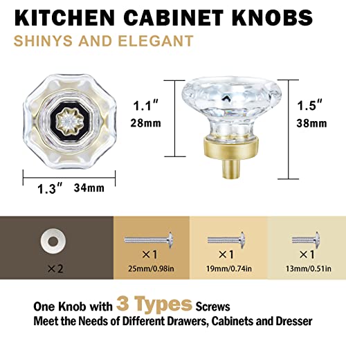 Hiemey Clear Glass Crystal Cabinet Knobs Satin Brass, Gold Pulls And Knobs For Cabinet Dresser Drawer(4Pcs,Octagon) #TOP1