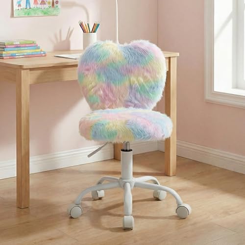 Image of Kmax Kids Reading Chair, Rolling Cute Desk Chair for Girls Swivel Office Chair with Wheels & Heart Back Adjustable Childrens Vanity Chair for Bedroom Reading Room - Faux Fur, Various
