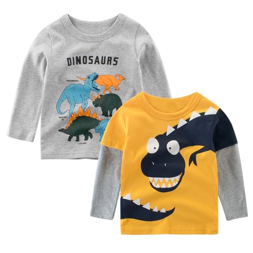 Image of Trsenvrml Boys Dinosaur Shirt 2-Pack Long Sleeve T-Shirt 100% Cotton Pullover Toddler Tees Tops for Baby Casual Clothes (Yellow Grey, 1-2T)