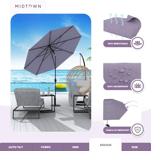 Image of Midtown Umbrellas - 10-Year-No-Fade 6 Ft Patio Umbrella with Terylast Fabric, Auto-Tilt Aluminum Frame and 8 Reinforced Ribs for Deck, Pool, Garden & Beach - Purple Texture Canopy, Black Pole