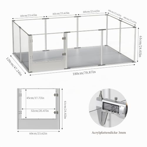 BingoPaw Acryl Wurfkiste XXL Hundezaun: 10-TLG Welpenauslauf 60 cm hoch, Gitterloser Hundelaufstall mit Tür und Wasserdichter Boden, Welpenzaun Wohnung Laufstall für Hunde Katzen, 180×120×61 cm