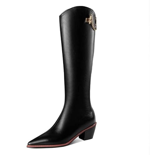 JIEEME Bottes hautes en cuir véritable avec doublure en velours pointé à fermeture éclair avec talon mi-talon fait à la main pour femmes Grande taille zw6777s, Noir , 39 EU Cover