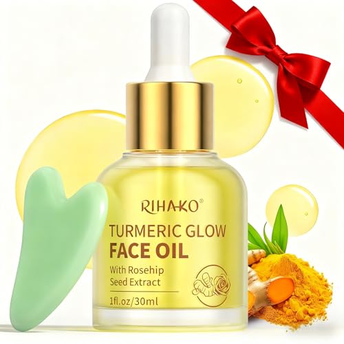 RIHAKO Turmeric Rosehip Face Oil for Gua Sha – Facial Lymphatic Drainage Oil for Gua Sha Tools, Skin Glow Serum for Face Care, Hydrating Anti-Aging Oil Reduces Fine Lines & Wrinkles, Boosts Radiance
