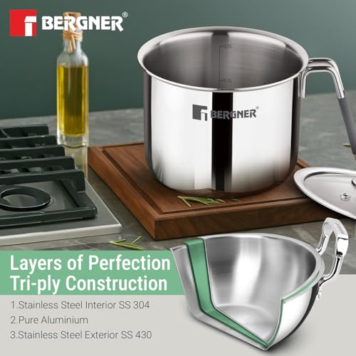 Image of Bergner Argent Triply Stainless Steel 17cm (2.5L) Milk Boiler with Glass Lid, Steam Vent, Flared Rim, Stay Cool Cast Handle with Silicone Grip, Even and Faster Heating, Easy to Clean, Induction Bottom