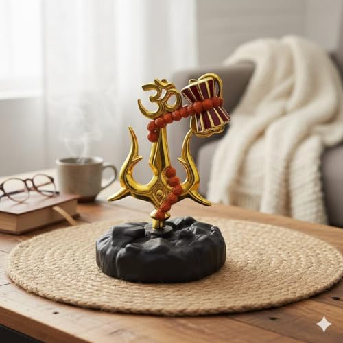 Image of Trishul with Damru Standing Decorative Showpiece Statue murti for Car Dashboard Pooja, Decoration, Temple, Home Decor 4 inch, Resin, Religious Black (Black)