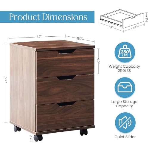 Image of Farini 3-Drawer Under Desk Wooden File Storage Cabinet with Lockable Caster for Home Office,Brown,Required Assembly