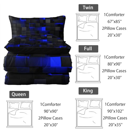 Image of Nttopship Neon Blue Black Comforter Set King Geometric Kids Bedding Set,3 PCS Geometry Honeycomb Bed Set Modern Quilt Set 1 Comforter 2 Pillow Cases Cool Room Decor All Season B-Side Black