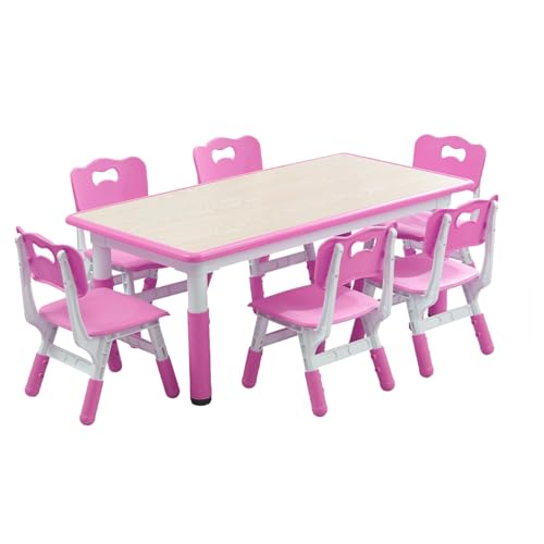 Image of Adjustable Kids Table & 6 Chairs Set - 47.2 inch Multi-Activity Study & Craft Desk with Non-Slip Legs, Graffiti-Resistant Desktop, Ideal for Playroom, Study Area, Daycare, or Home - Pink