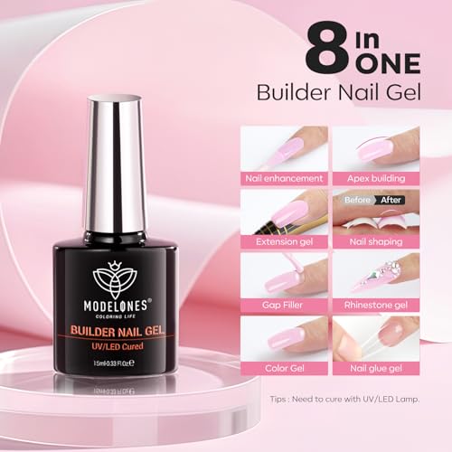Image of modelones Builder Nail Gel with Gel Base Top Coat, 3Pcs Baby Pink Builder Nail Kit for Apex Building Extension Thickening Strengthener High Gloss Shiny, U /V LED Lamp Cured for Home DIY Salon Girls