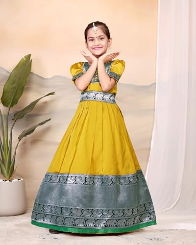 Image of Girls Silk Pattu Gown for Kids Traditional South Indian Long Ethnic Dress | Baby Girl Festival Pavadai Sattai Style Party Wedding Birthday Special Occasion Outfit
