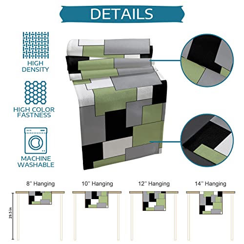 Abstract Geometric Table Runner 13X90Inch Long, Anti-Slip Cotton Linen Table Runenrs, Rectangle Tabletop Decoration For Wedding Kitchen Holiday Party Home Decor Green Black Grey Color Block Splice #TOP6