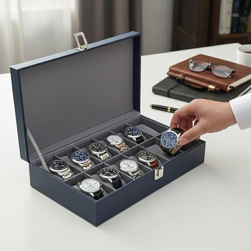 Image of MDF Unisex Faux Leather Watch Organiser Box with 12 Slots | Color: Blue